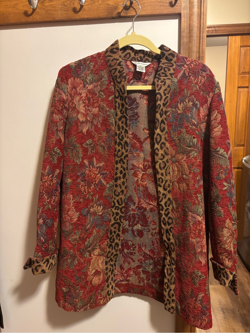 Vintage Laura Ashley Floral Red Tapesty Jacket with Leopard Trim